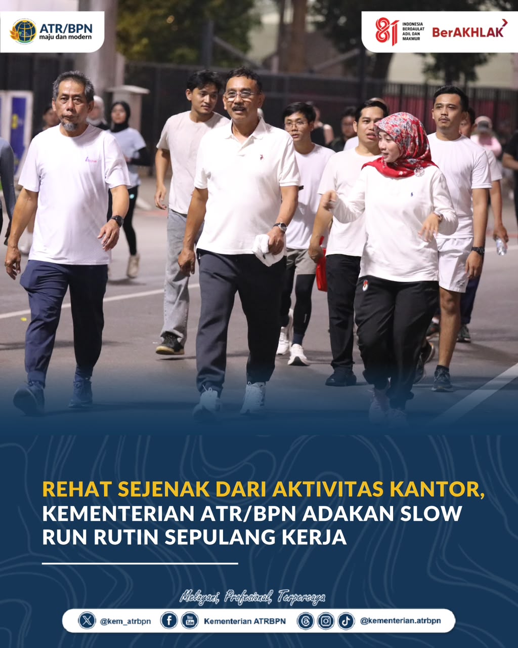 Para pegawai Kementerian ATR/BPN antusias mengikuti kegiatan slow run rutin sepulang kerja untuk rehat dari aktivitas kantor