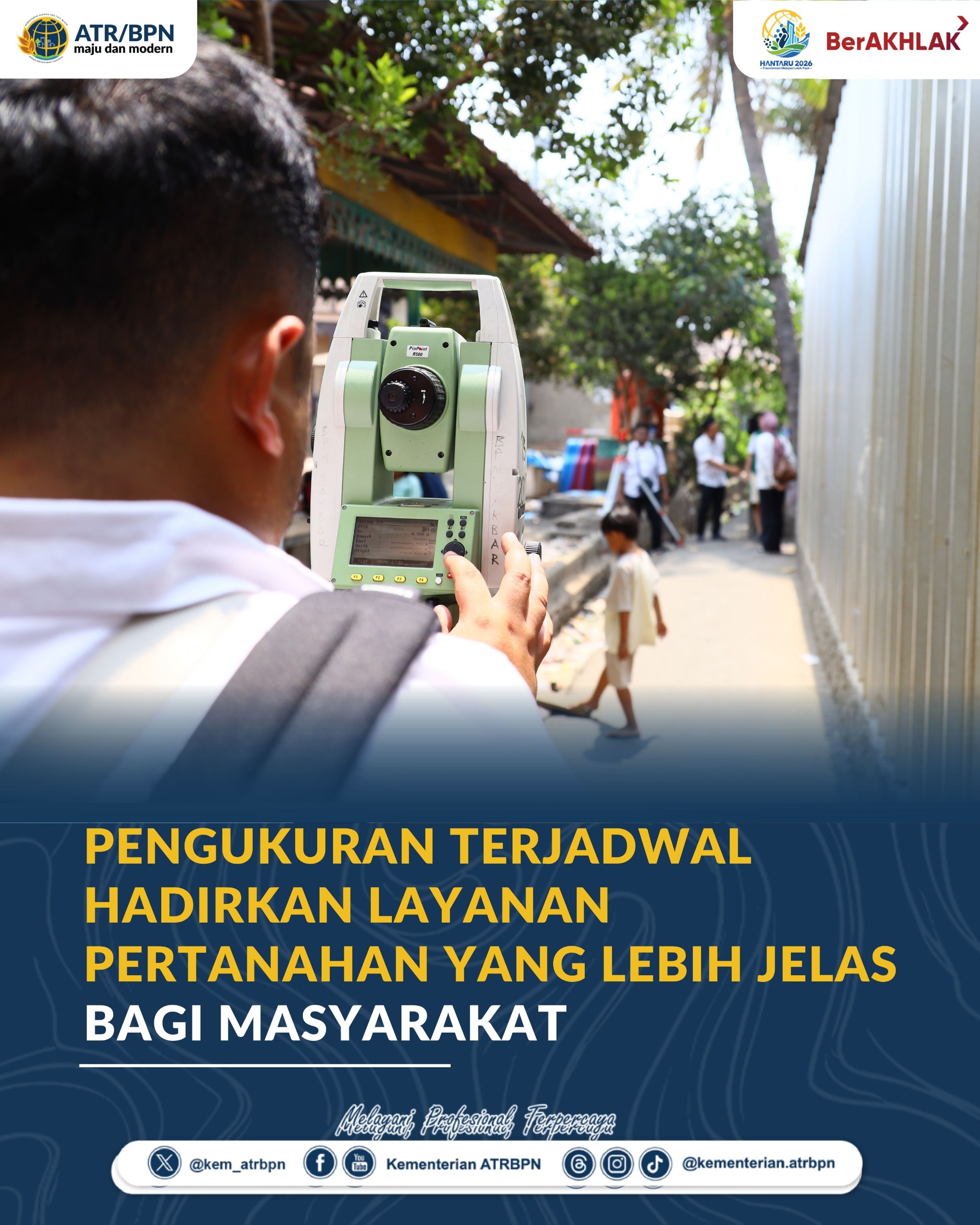 Petugas pertanahan sedang melakukan proses pengukuran tanah milik warga secara terjadwal